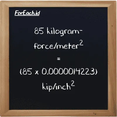 How to convert kilogram-force/meter<sup>2</sup> to kip/inch<sup>2</sup>: 85 kilogram-force/meter<sup>2</sup> (kgf/m<sup>2</sup>) is equivalent to 85 times 0.0000014223 kip/inch<sup>2</sup> (ksi)